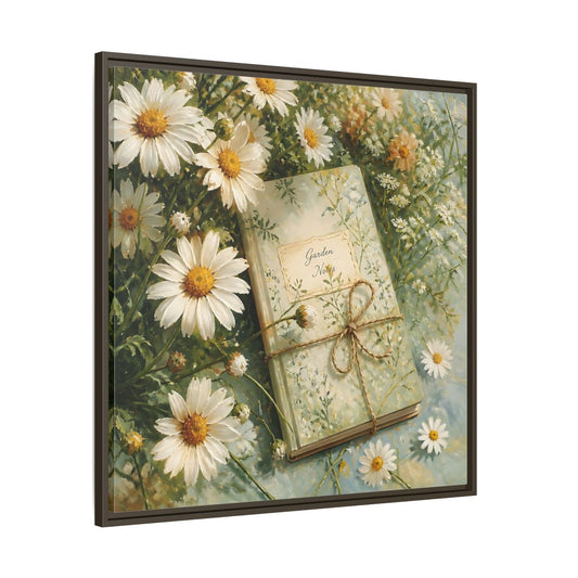 Main Mockup. Classic European Painting Daisies Beside Garden Notebook shown as stretched canvas wall art