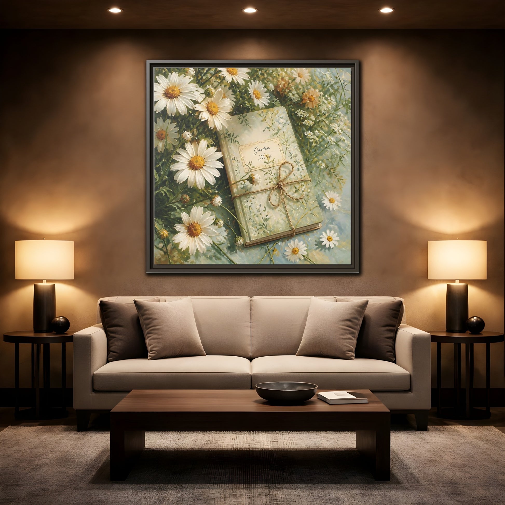 Mockup 2. Classic European Painting Daisies Beside Garden Notebook shown as stretched canvas wall art