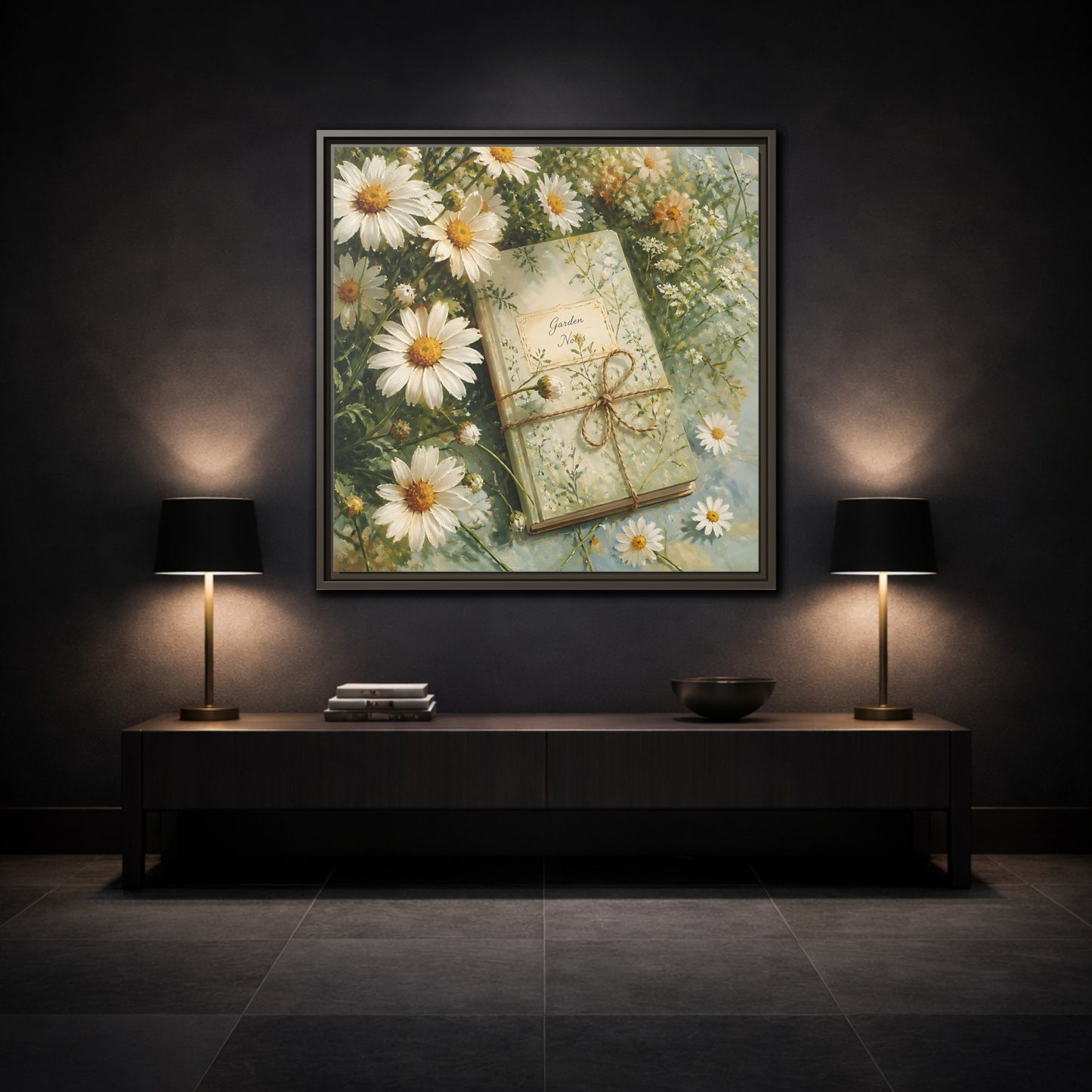 Mockup 3. Classic European Painting Daisies Beside Garden Notebook shown as stretched canvas wall art