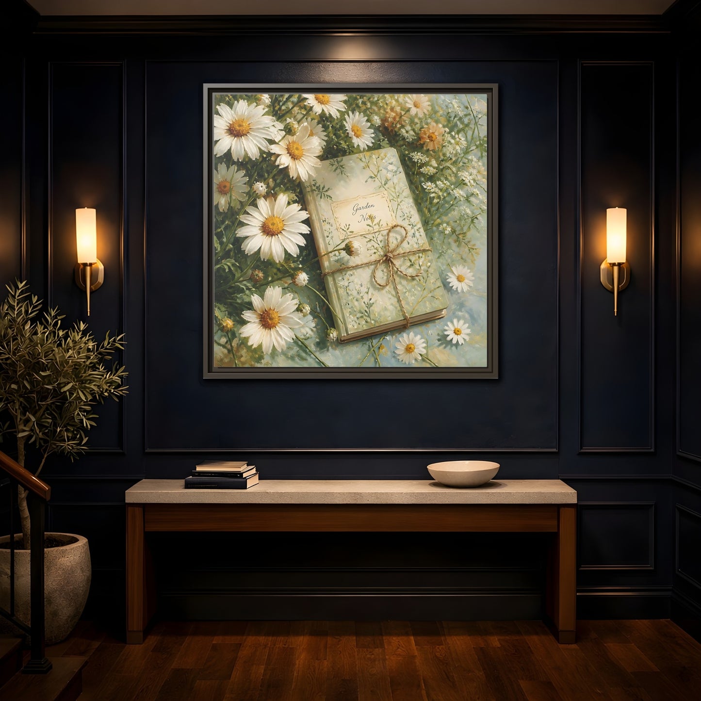 Mockup 4. Classic European Painting Daisies Beside Garden Notebook shown as stretched canvas wall art