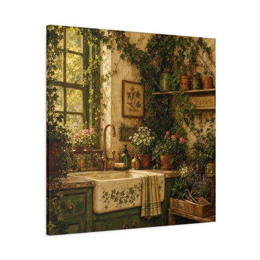Main Mockup. Classic European Painting Greenhouse Sink With Ivy Tendrils shown as stretched canvas wall art