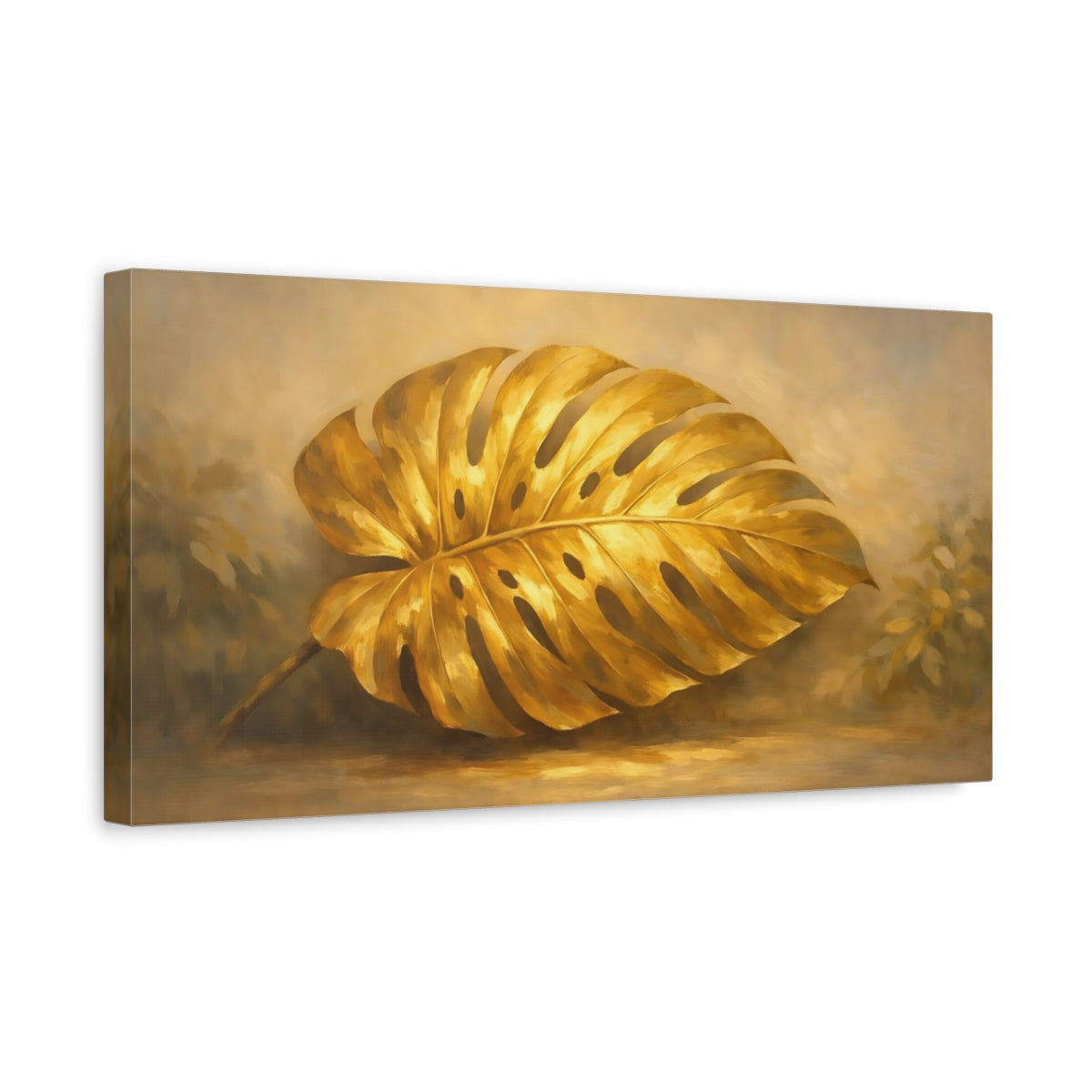 Side Mockup 3. Nature Golden Monstera Golden Monstera shown as stretched canvas wall art