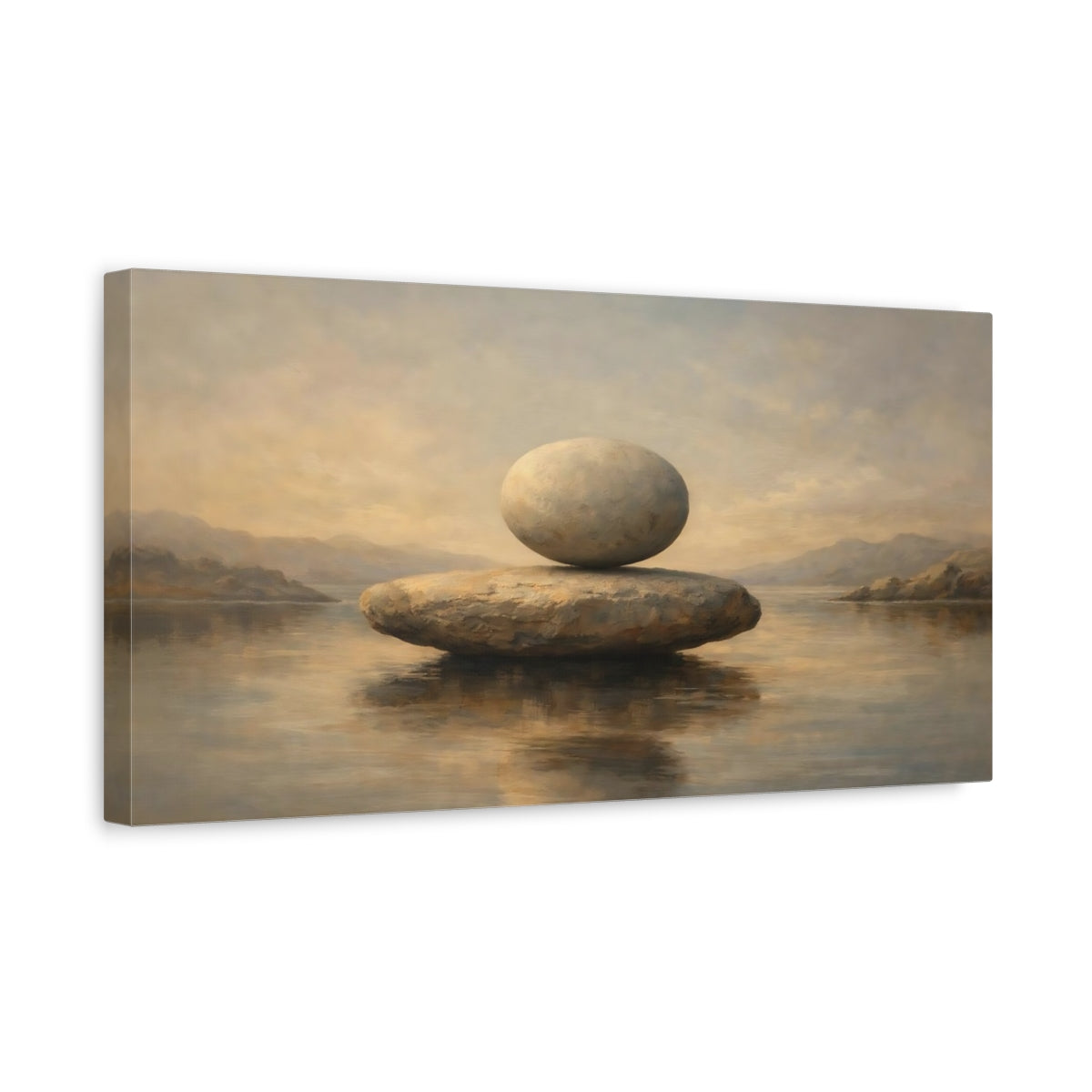 Side Mockup 3. Nature Balanced Stones Earthy Tones shown as stretched canvas wall art