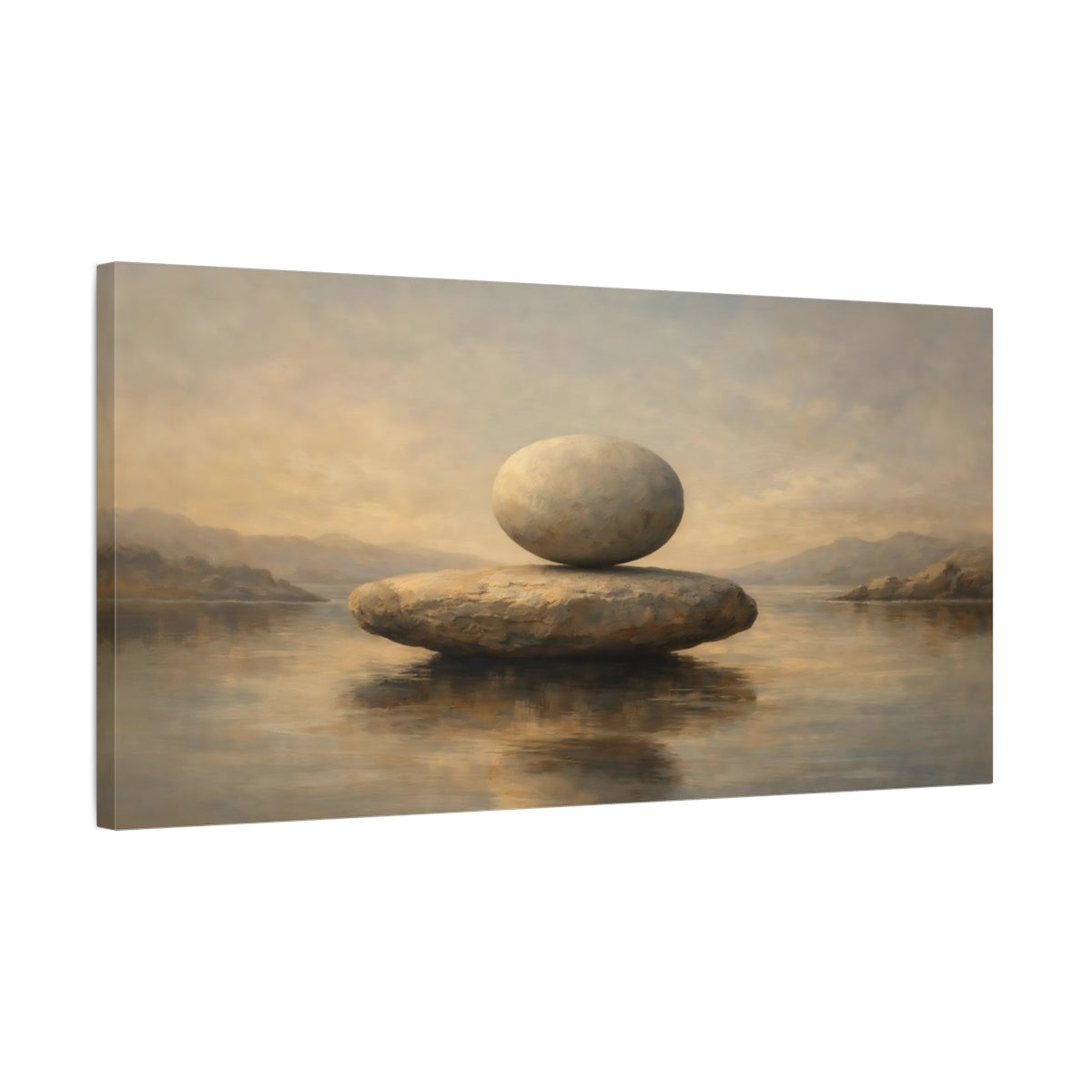 Side Mockup 2. Nature Balanced Stones Earthy Tones shown as stretched canvas wall art