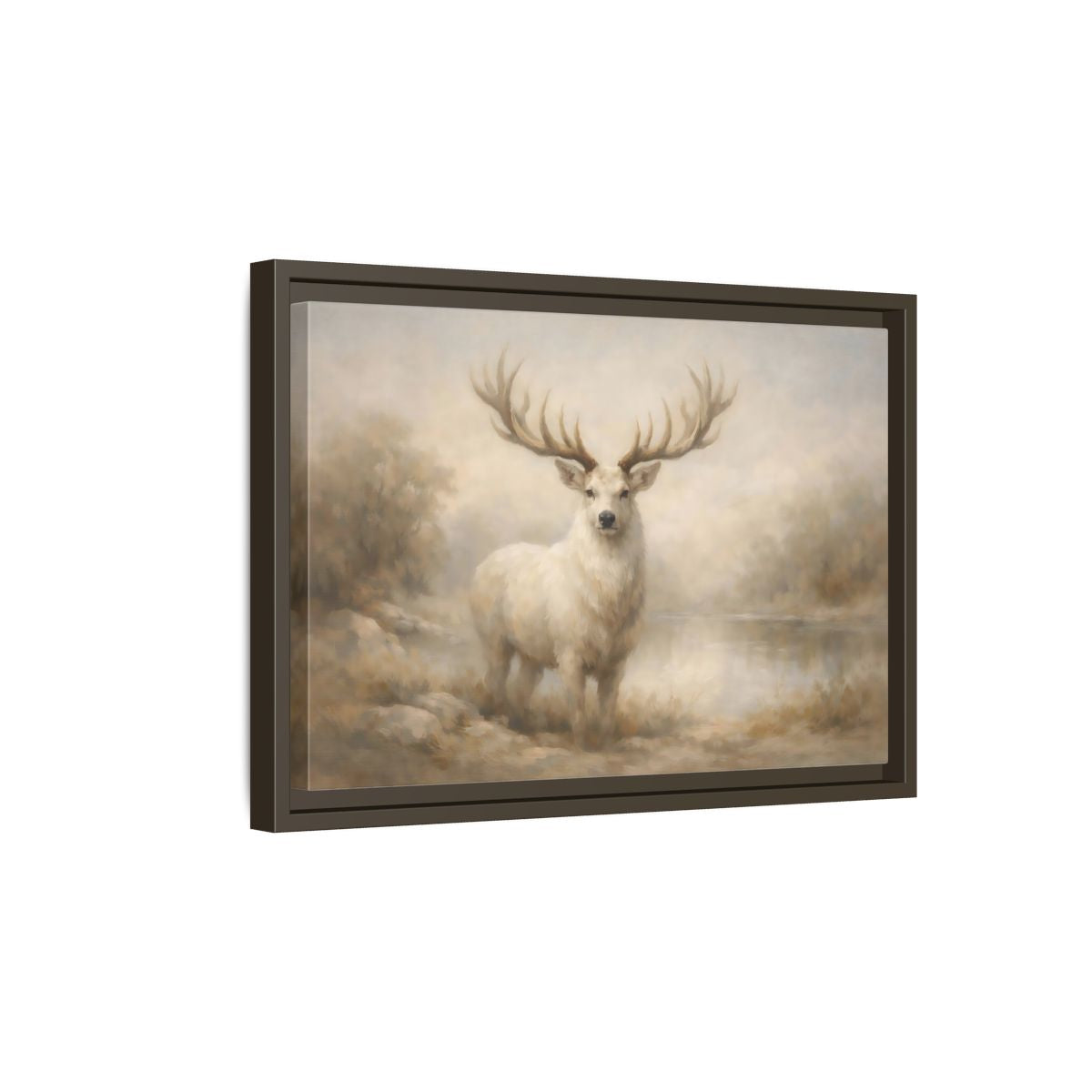 Side Mockup 5. Animals White Stag White Stag shown as stretched canvas wall art