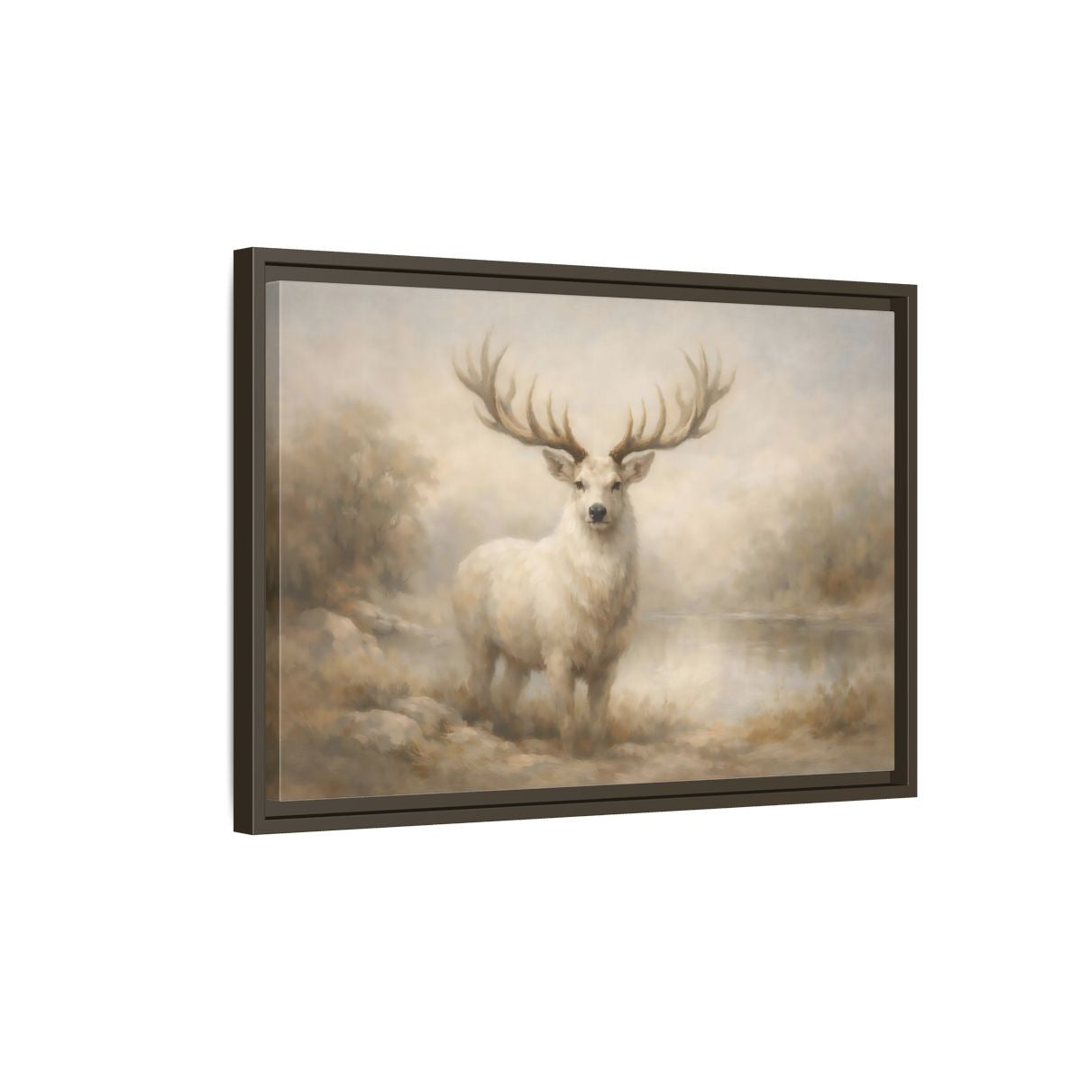 Side Mockup 2. Animals White Stag White Stag shown as stretched canvas wall art