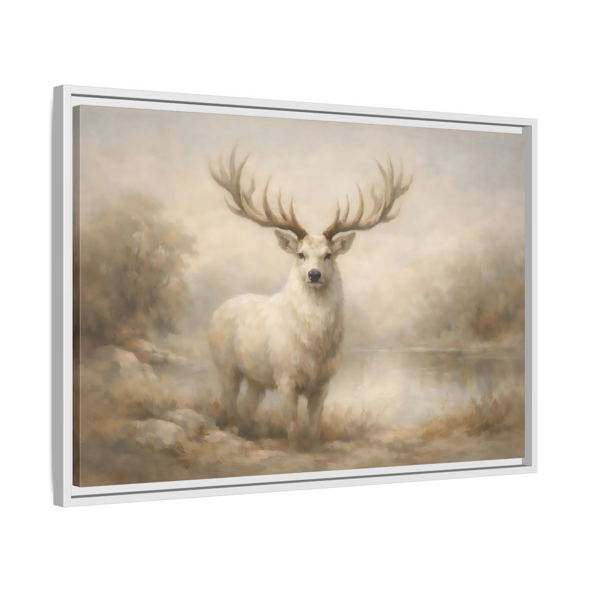 Side Mockup 10. Animals White Stag White Stag shown as stretched canvas wall art