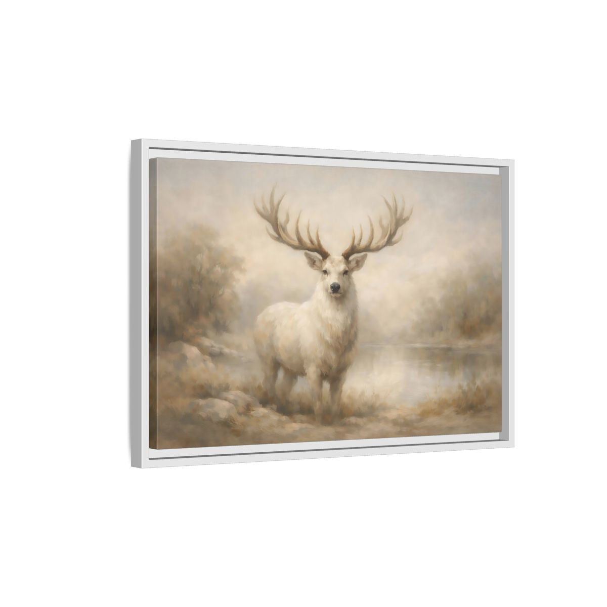 Side Mockup 1. Animals White Stag White Stag shown as stretched canvas wall art