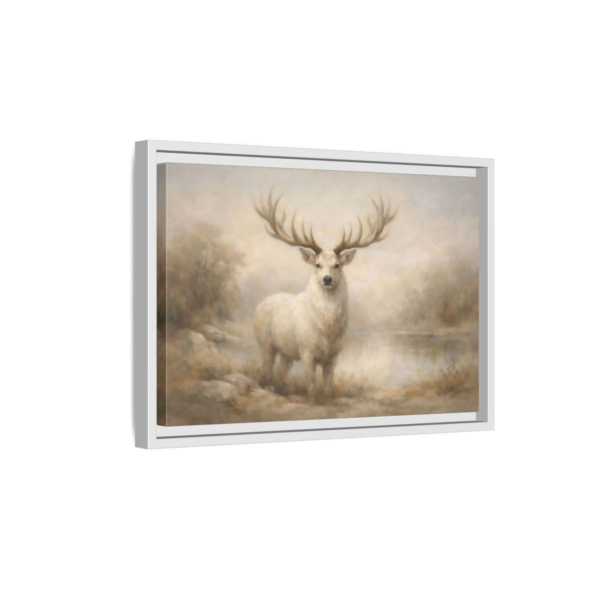 Side Mockup 4. Animals White Stag White Stag shown as stretched canvas wall art