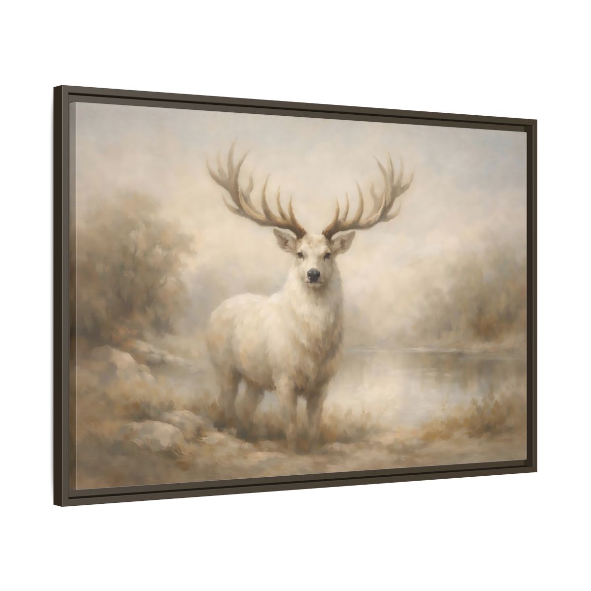 Side Mockup 9. Animals White Stag White Stag shown as stretched canvas wall art