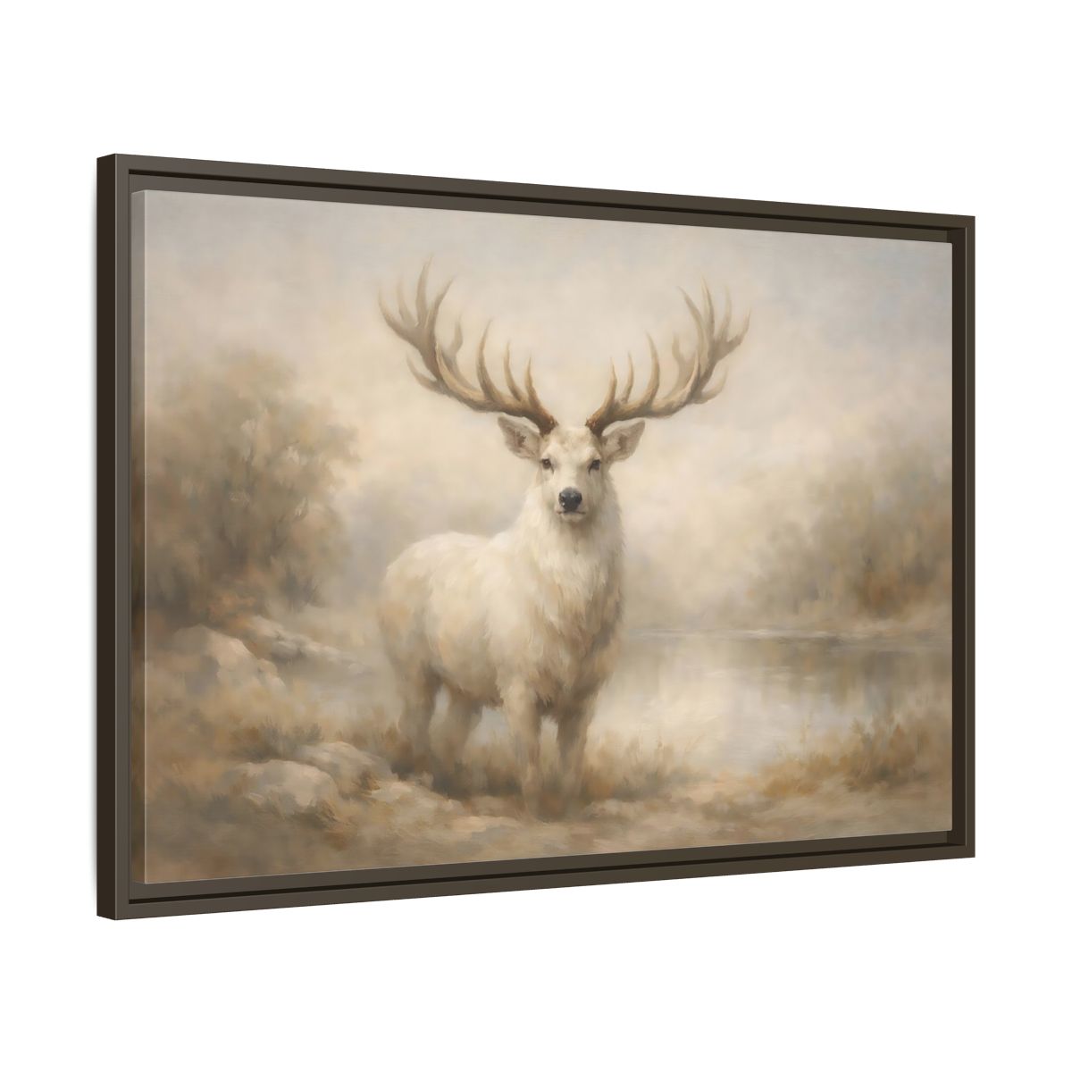Side Mockup 11. Animals White Stag White Stag shown as stretched canvas wall art