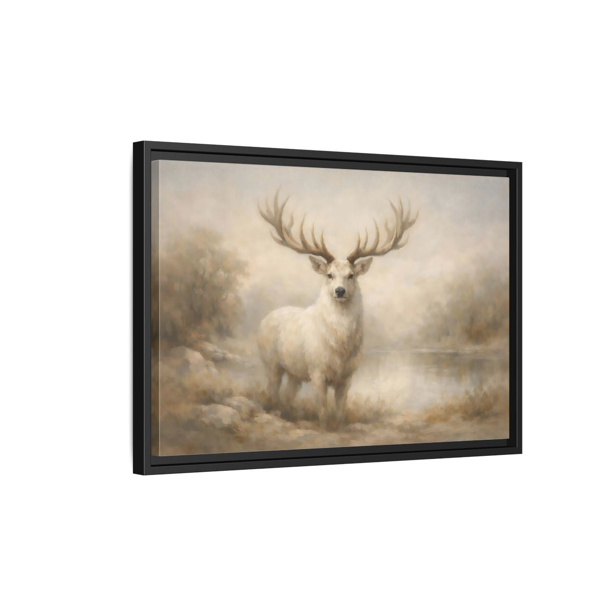 Side Mockup 3. Animals White Stag White Stag shown as stretched canvas wall art