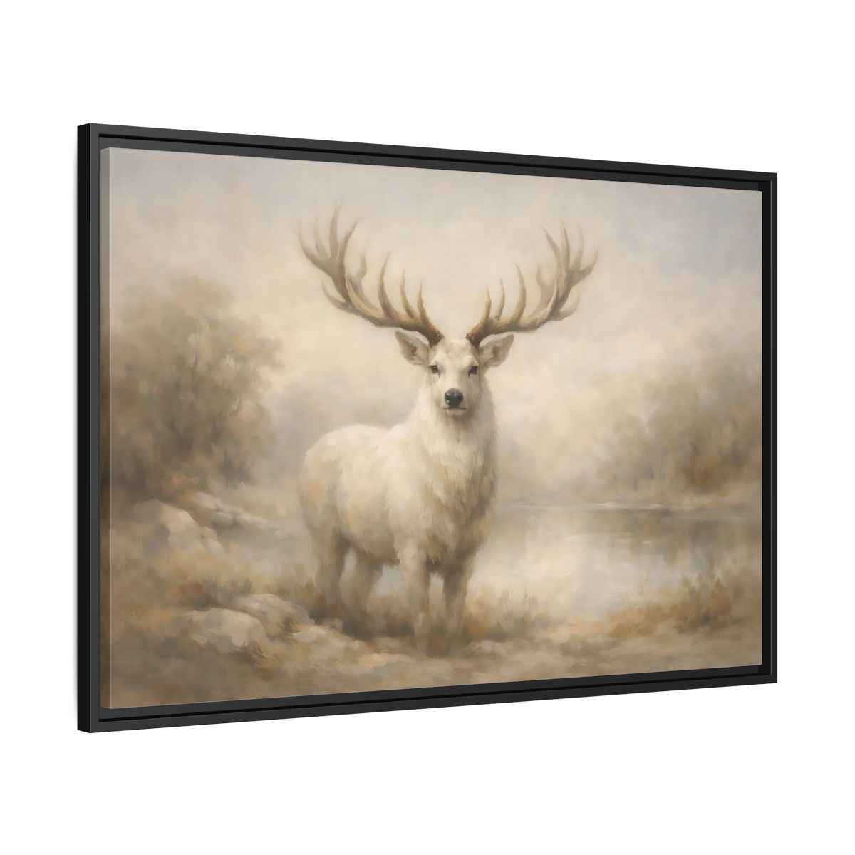 Side Mockup 13. Animals White Stag White Stag shown as stretched canvas wall art