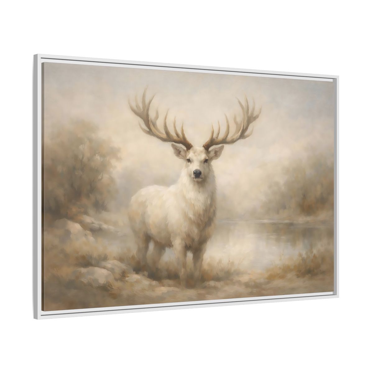 Side Mockup 7. Animals White Stag White Stag shown as stretched canvas wall art
