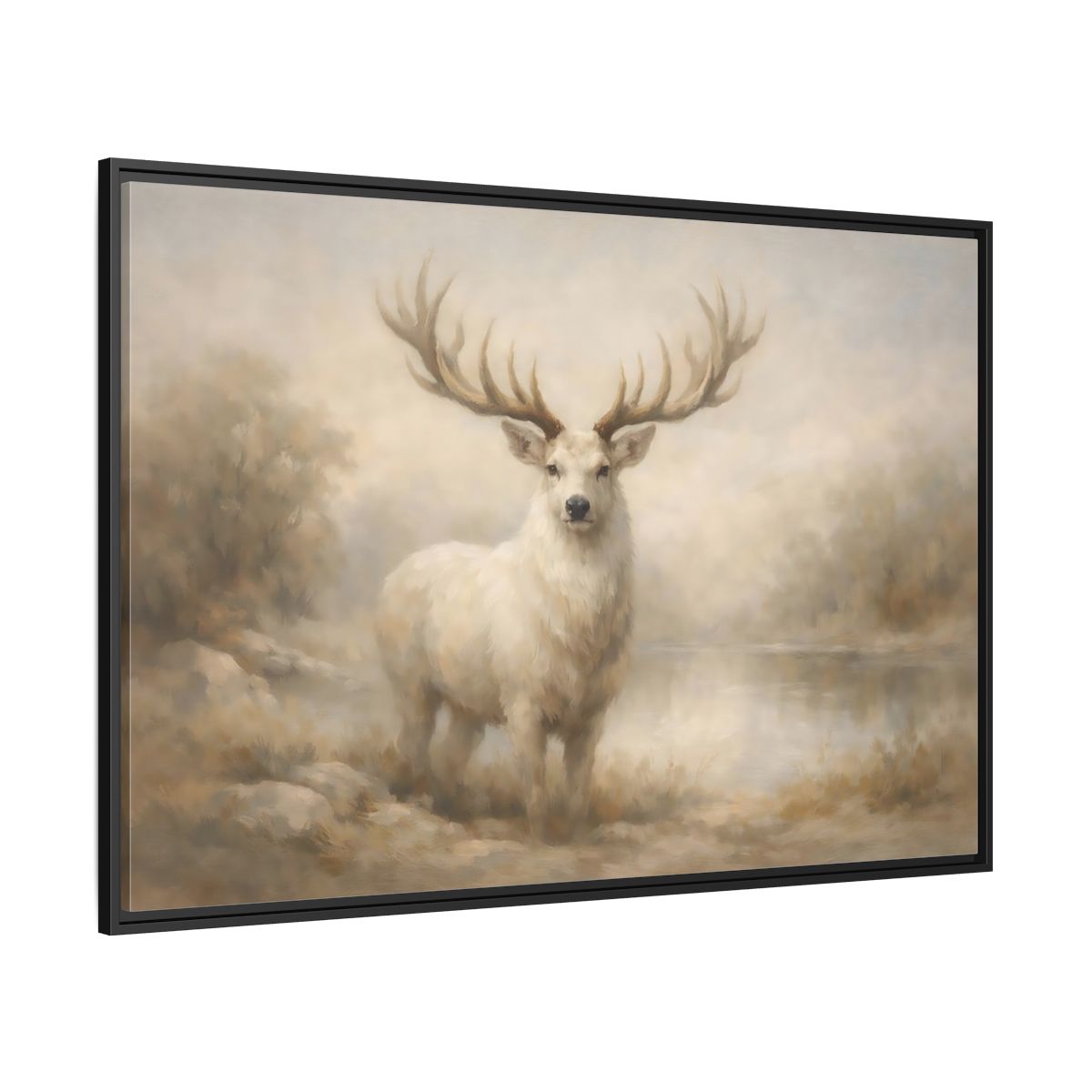 Side Mockup 12. Animals White Stag White Stag shown as stretched canvas wall art