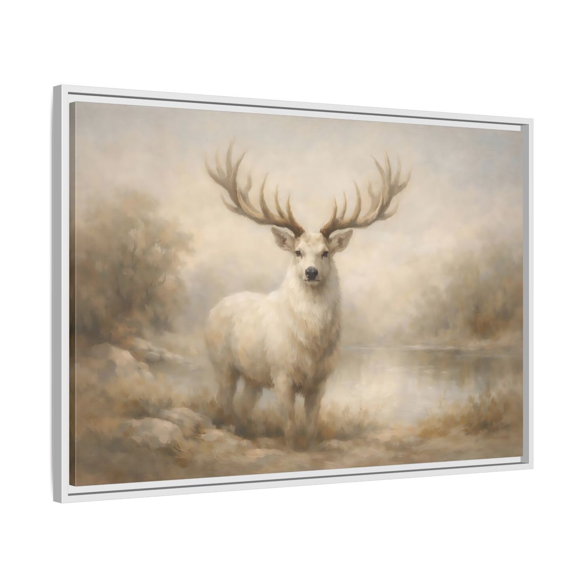 Side Mockup 8. Animals White Stag White Stag shown as stretched canvas wall art