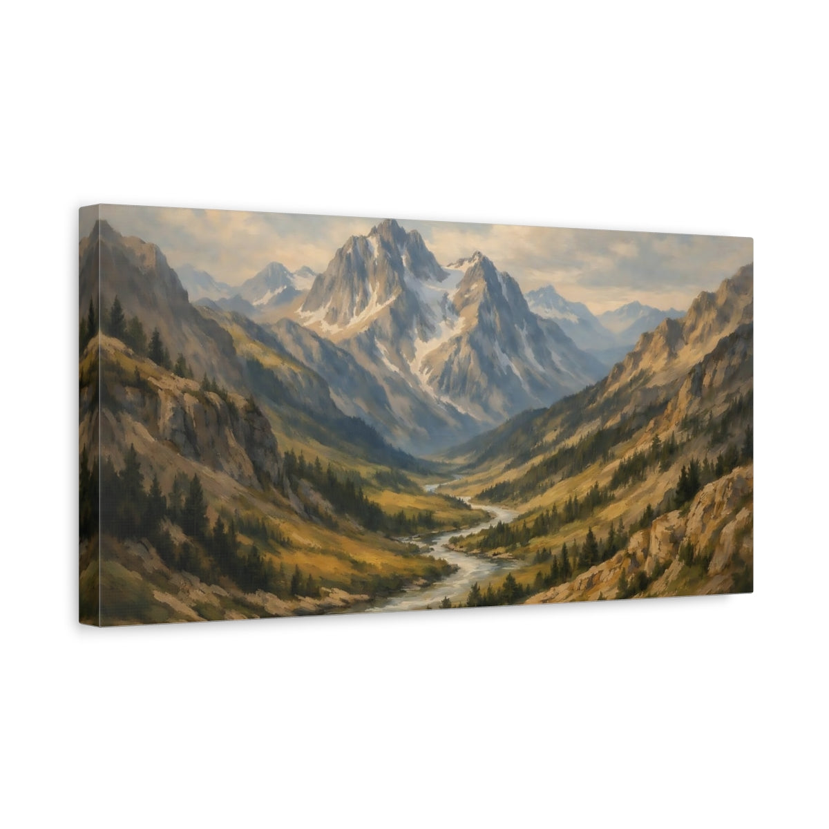 Side Mockup 3. Nature Mountain Valley Mountain River Landscape shown as stretched canvas wall art