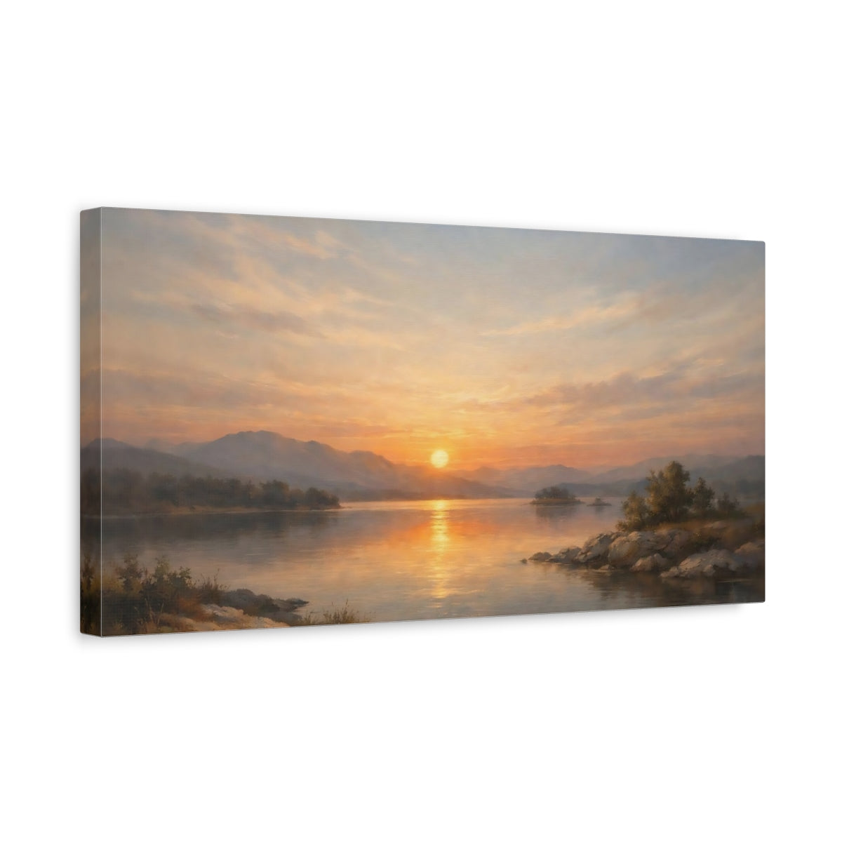 Side Mockup 3. Nature Sunset Lake Sunset Landscape shown as stretched canvas wall art