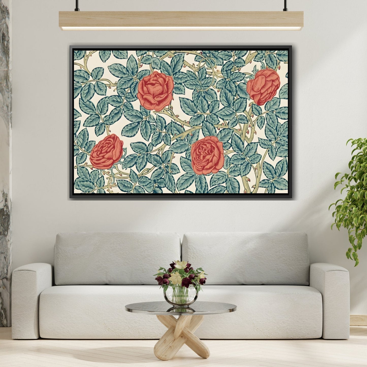 Classic Red Rose Canvas Prints Art - Lush Greenery and Floral Wall Decor in Premium Frame