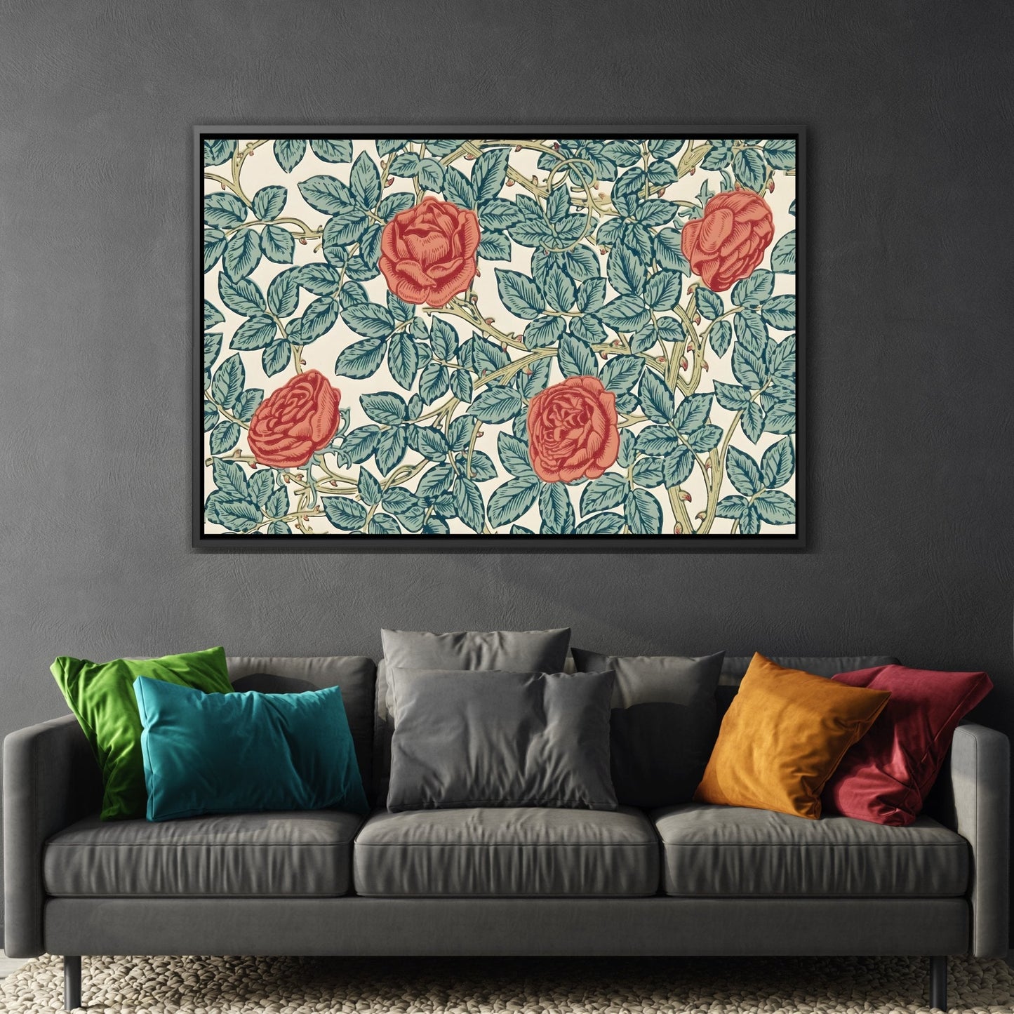 Classic Red Rose Canvas Prints Art - Lush Greenery and Floral Wall Decor in Premium Frame