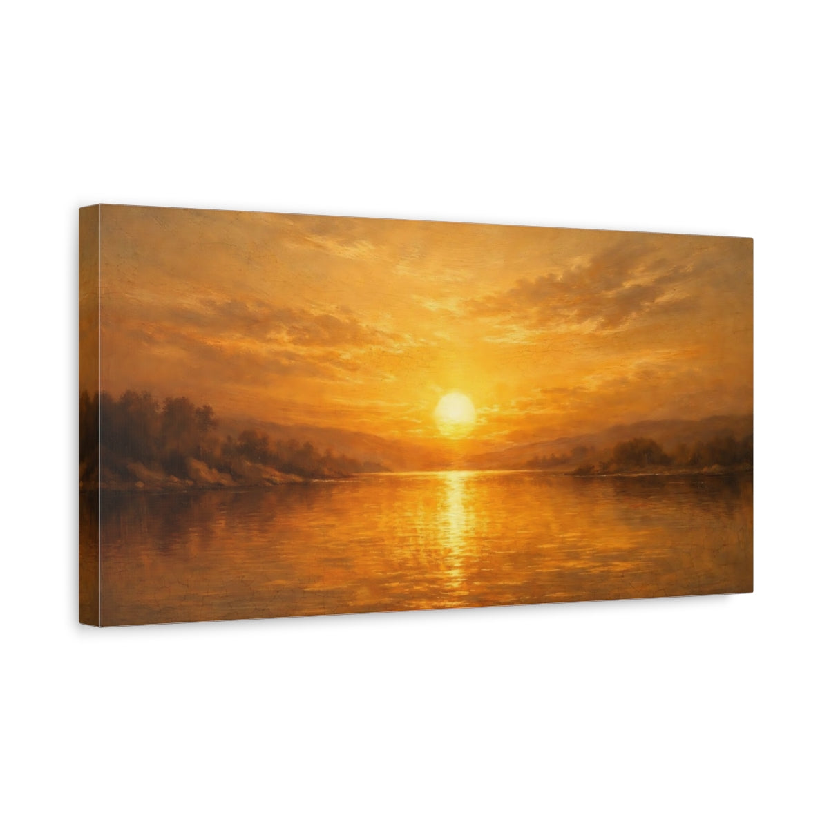 Side Mockup 3. Nature Lake Sunset Golden Sunset shown as stretched canvas wall art