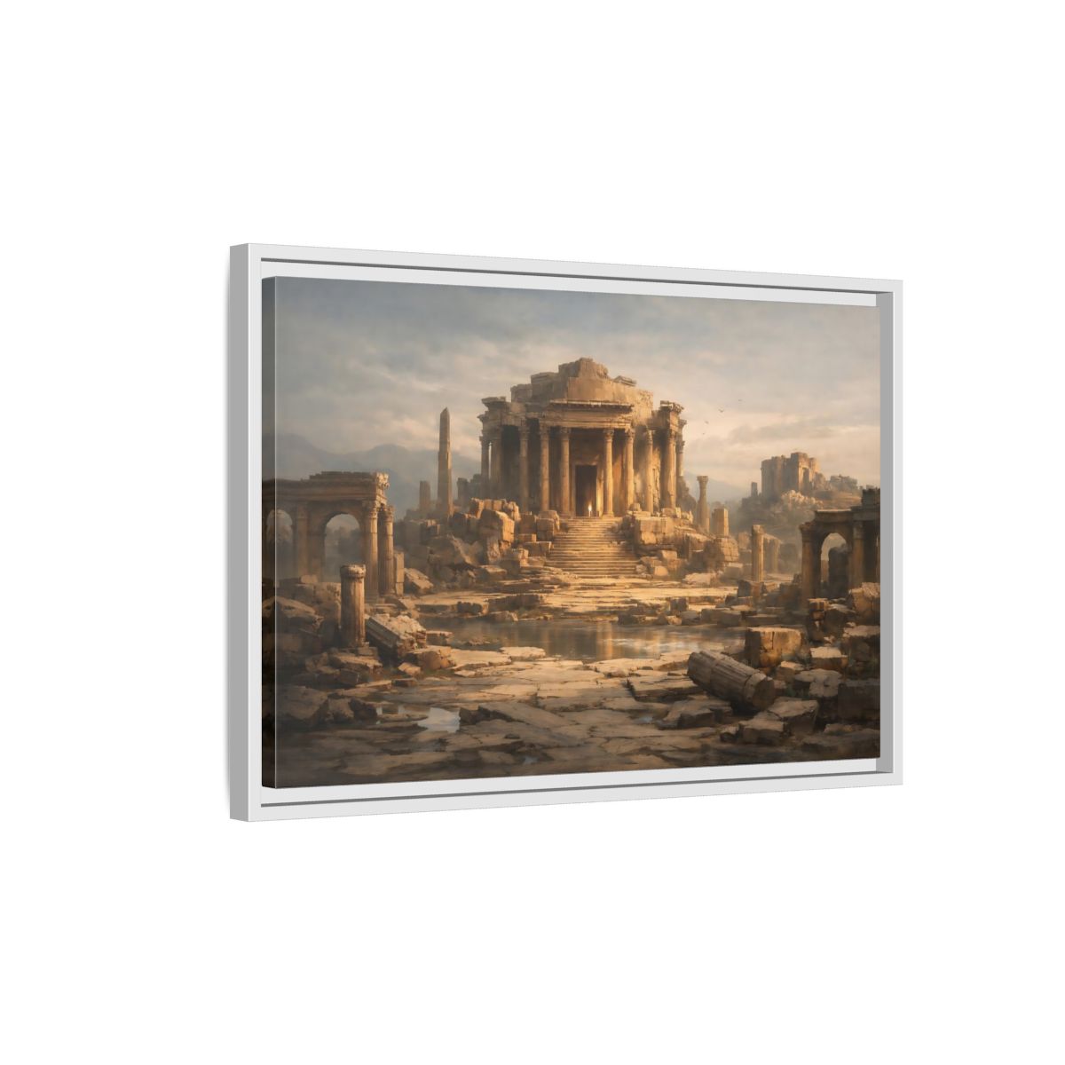 Side Mockup 1. Vintage Ancient Temple Brown And Grey shown as stretched canvas wall art