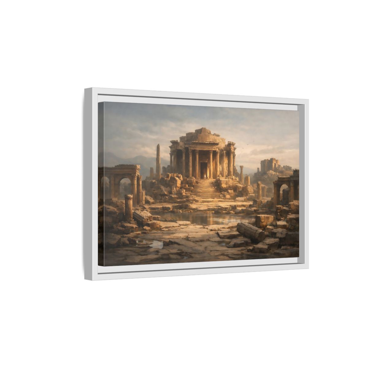 Side Mockup 4. Vintage Ancient Temple Brown And Grey shown as stretched canvas wall art