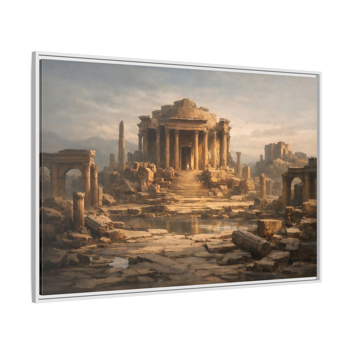 Side Mockup 7. Vintage Ancient Temple Brown And Grey shown as stretched canvas wall art