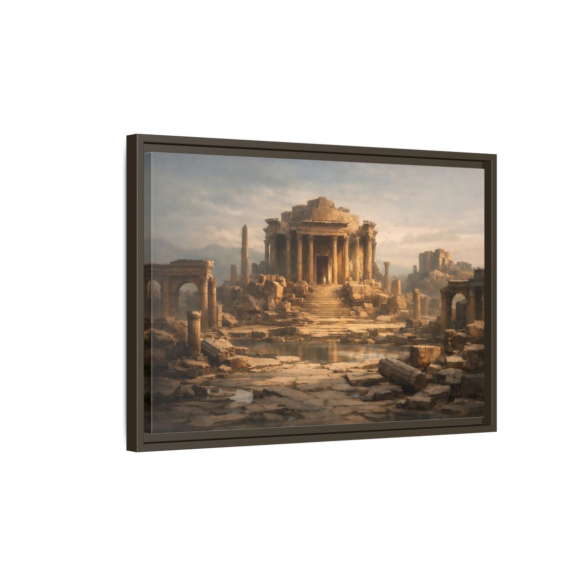 Side Mockup 2. Vintage Ancient Temple Brown And Grey shown as stretched canvas wall art