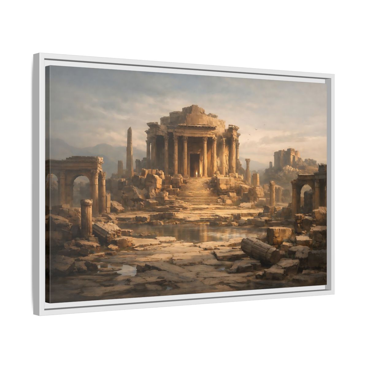 Side Mockup 10. Vintage Ancient Temple Brown And Grey shown as stretched canvas wall art