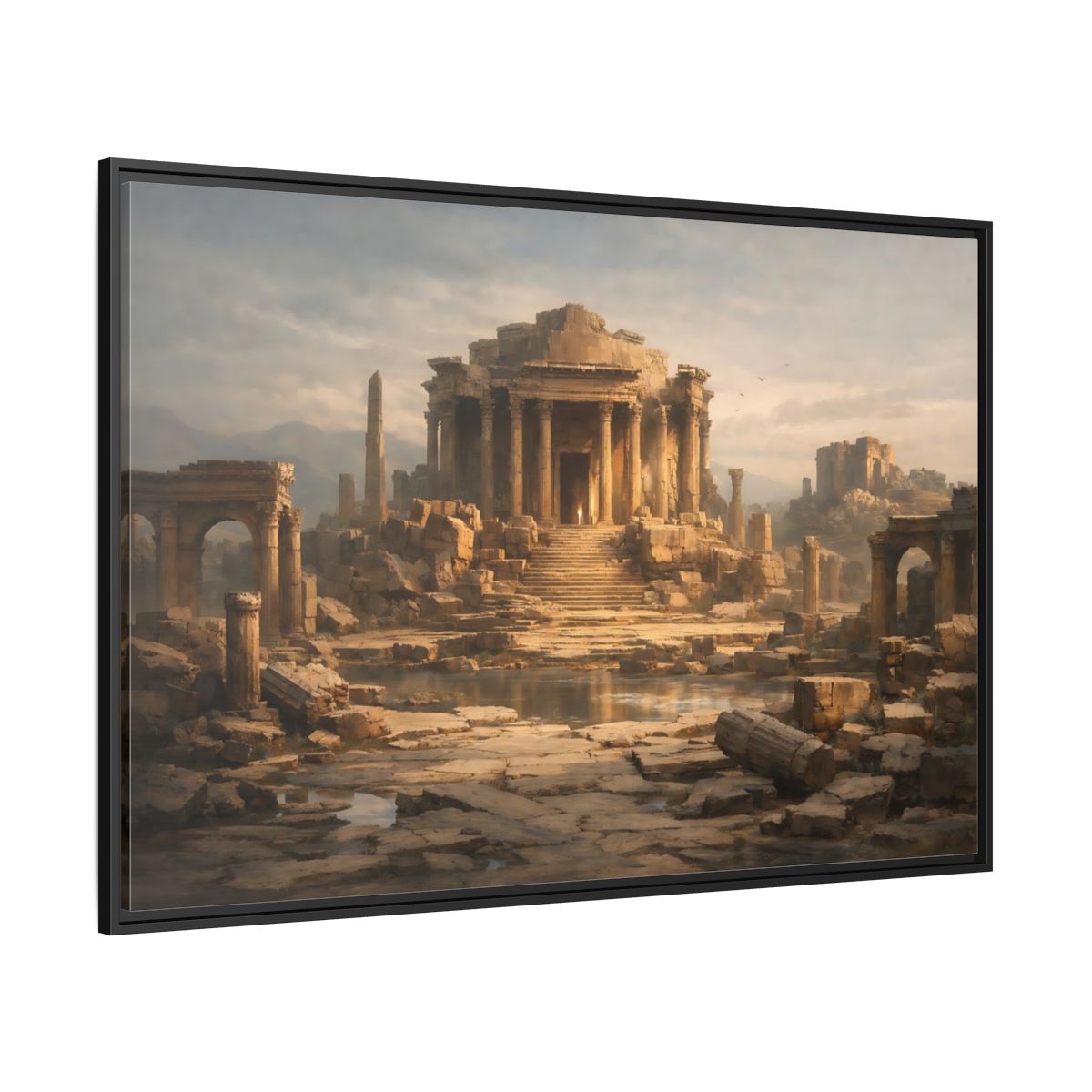 Side Mockup 12. Vintage Ancient Temple Brown And Grey shown as stretched canvas wall art