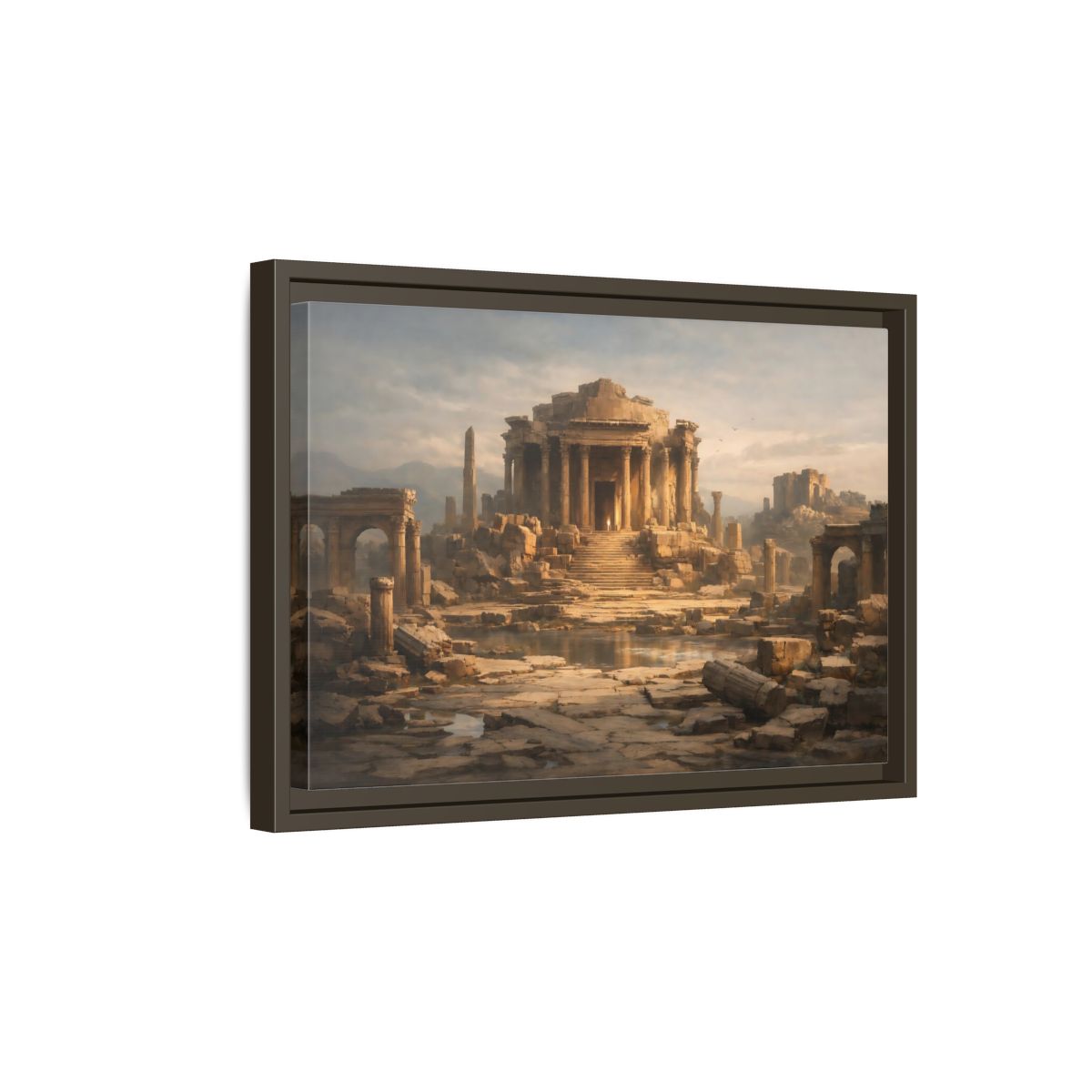 Side Mockup 5. Vintage Ancient Temple Brown And Grey shown as stretched canvas wall art