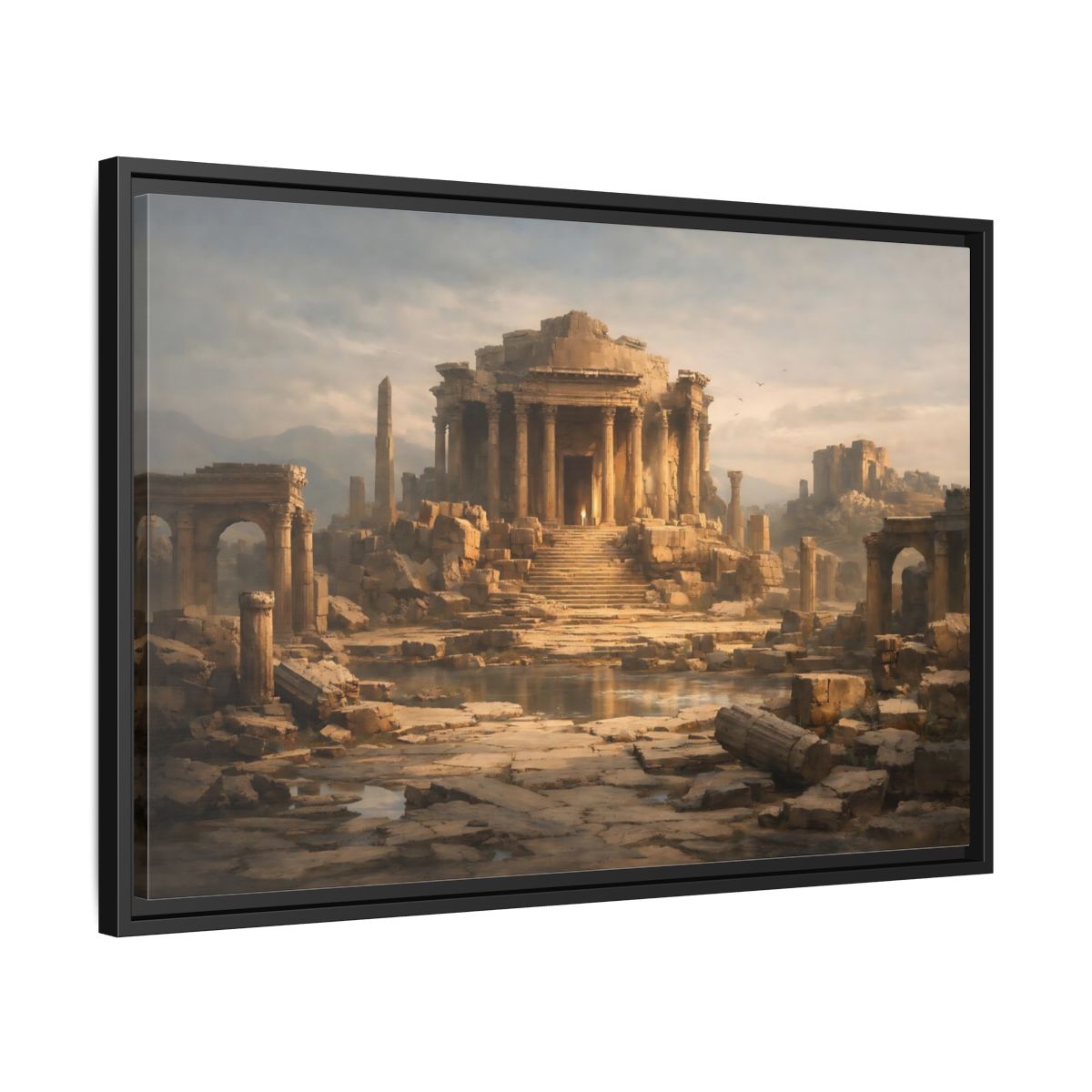 Side Mockup 14. Vintage Ancient Temple Brown And Grey shown as stretched canvas wall art
