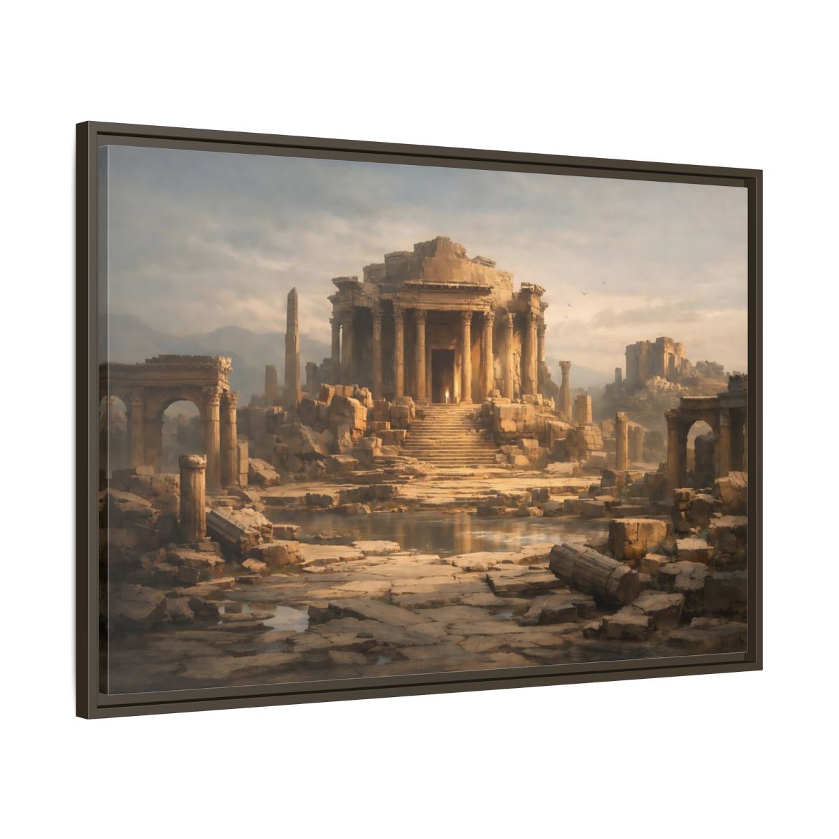 Side Mockup 9. Vintage Ancient Temple Brown And Grey shown as stretched canvas wall art