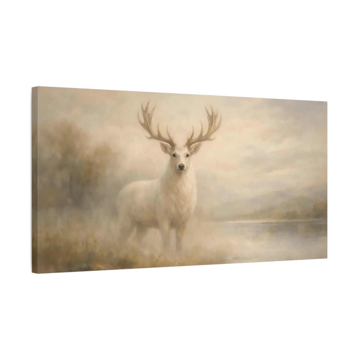 Side Mockup 2. Animals White Stag Misty White Deer shown as stretched canvas wall art