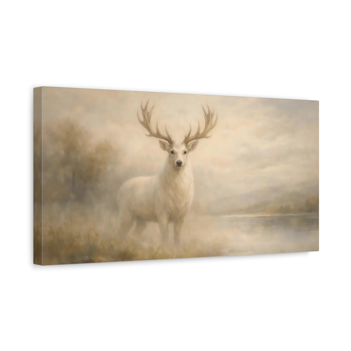 Side Mockup 3. Animals White Stag Misty White Deer shown as stretched canvas wall art
