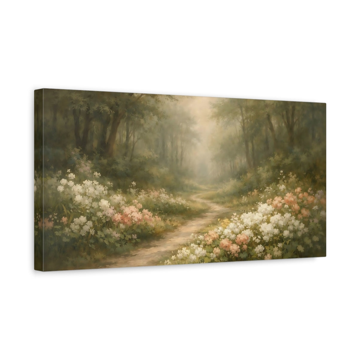 Side Mockup 3. Nature Forest Path Pastel Forest Path shown as stretched canvas wall art