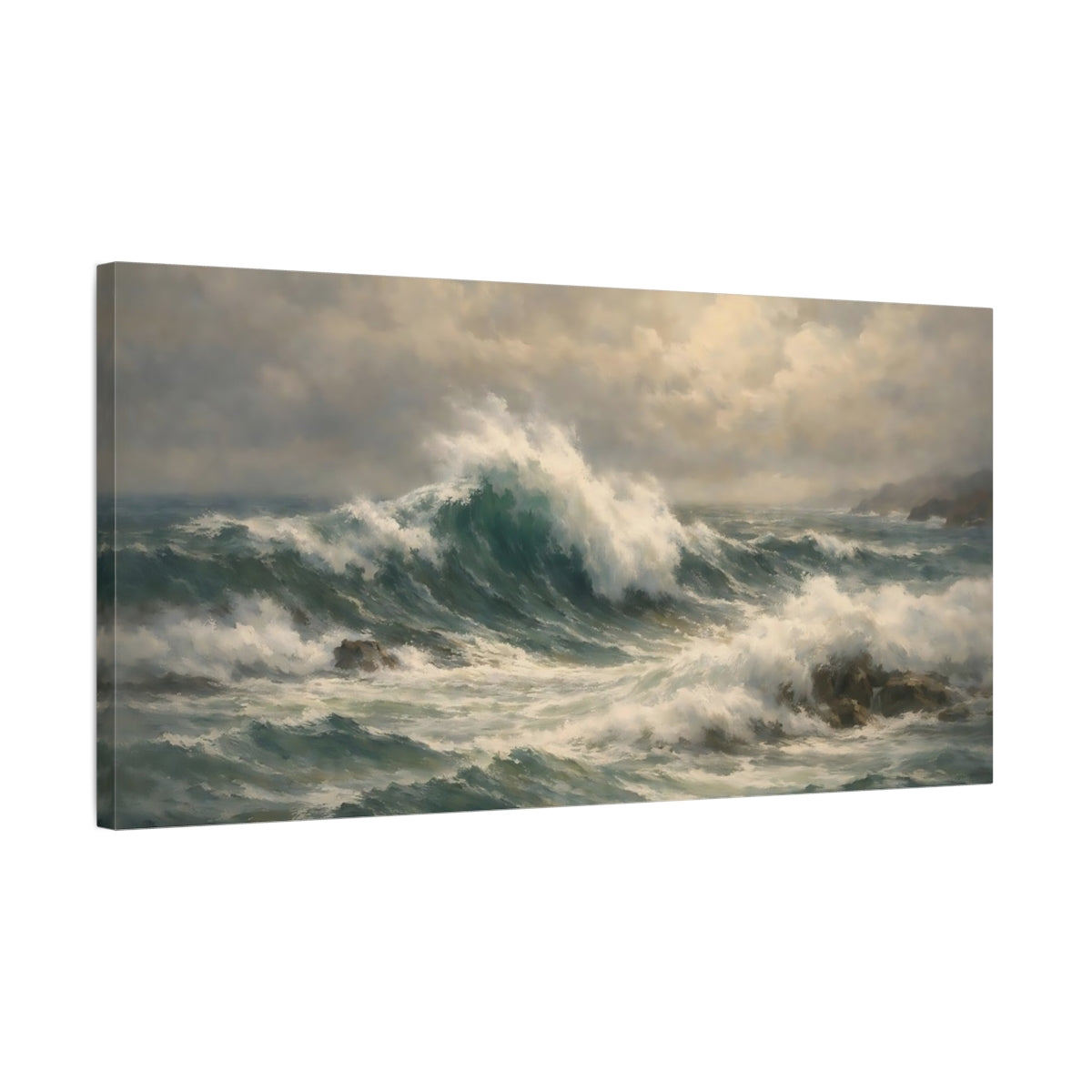 Side Mockup 2. Nature Ocean Waves Teal And Grey shown as stretched canvas wall art