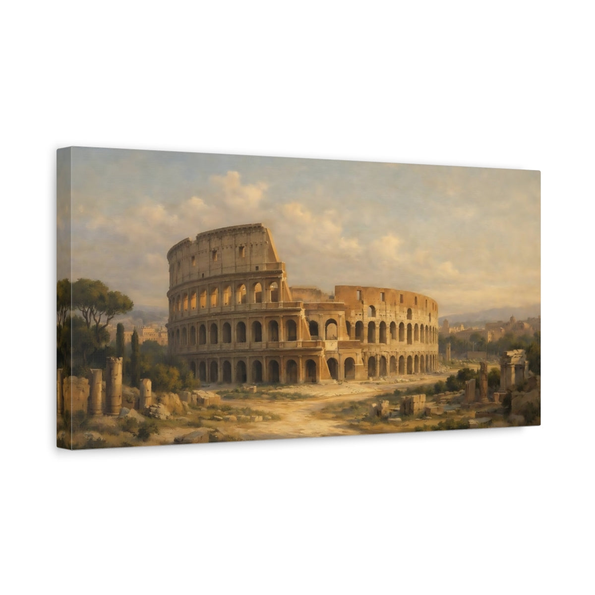 Side Mockup 3. Vintage Colosseum Colosseum Brown shown as stretched canvas wall art