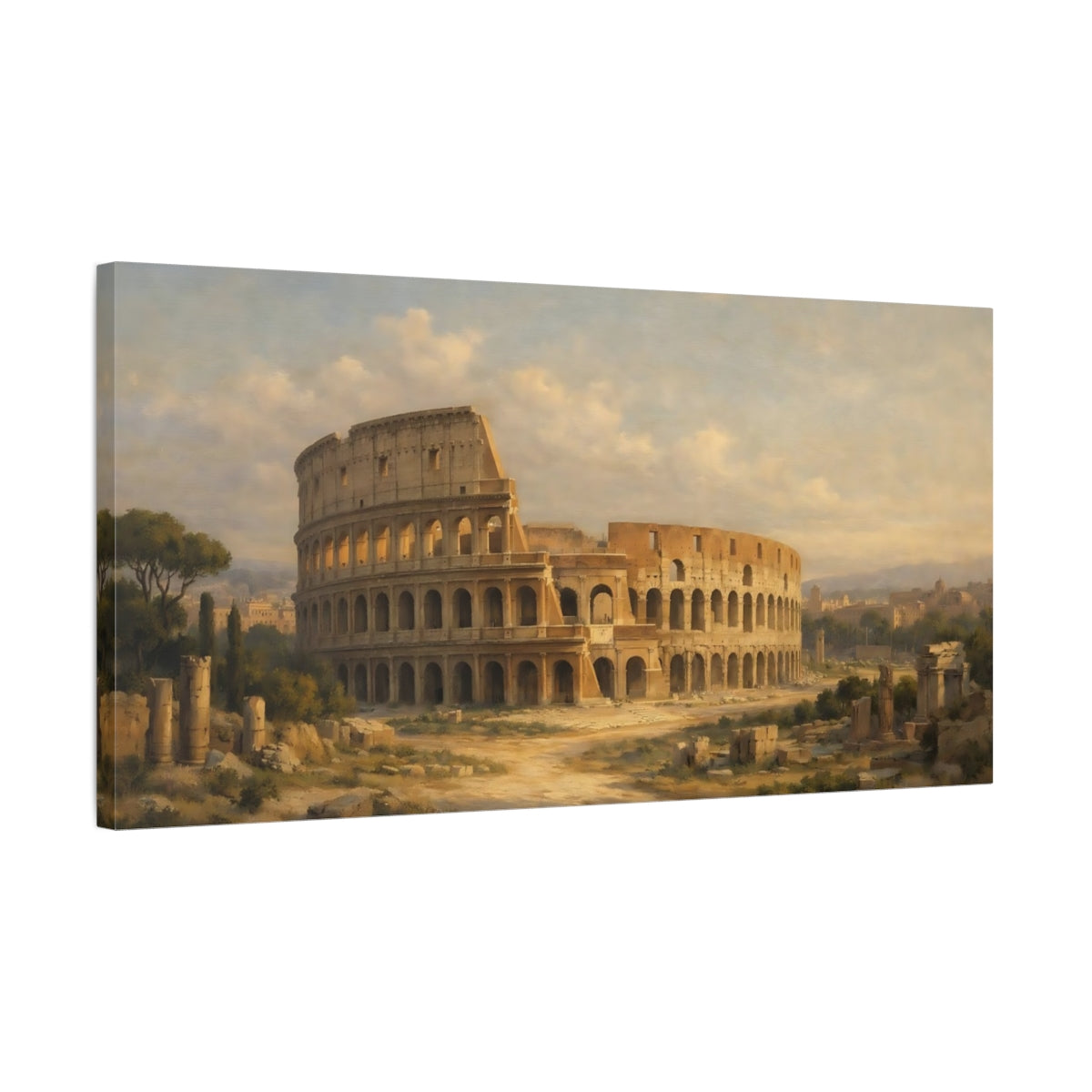 Side Mockup 2. Vintage Colosseum Colosseum Brown shown as stretched canvas wall art