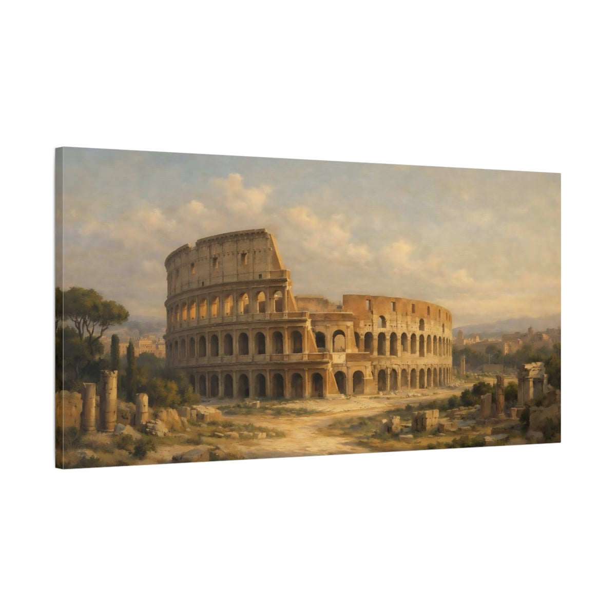Side Mockup 1. Vintage Colosseum Colosseum Brown shown as stretched canvas wall art