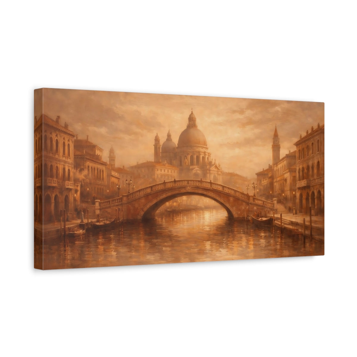 Side Mockup 3. Vintage Venetian Cityscape Brown And Gold shown as stretched canvas wall art
