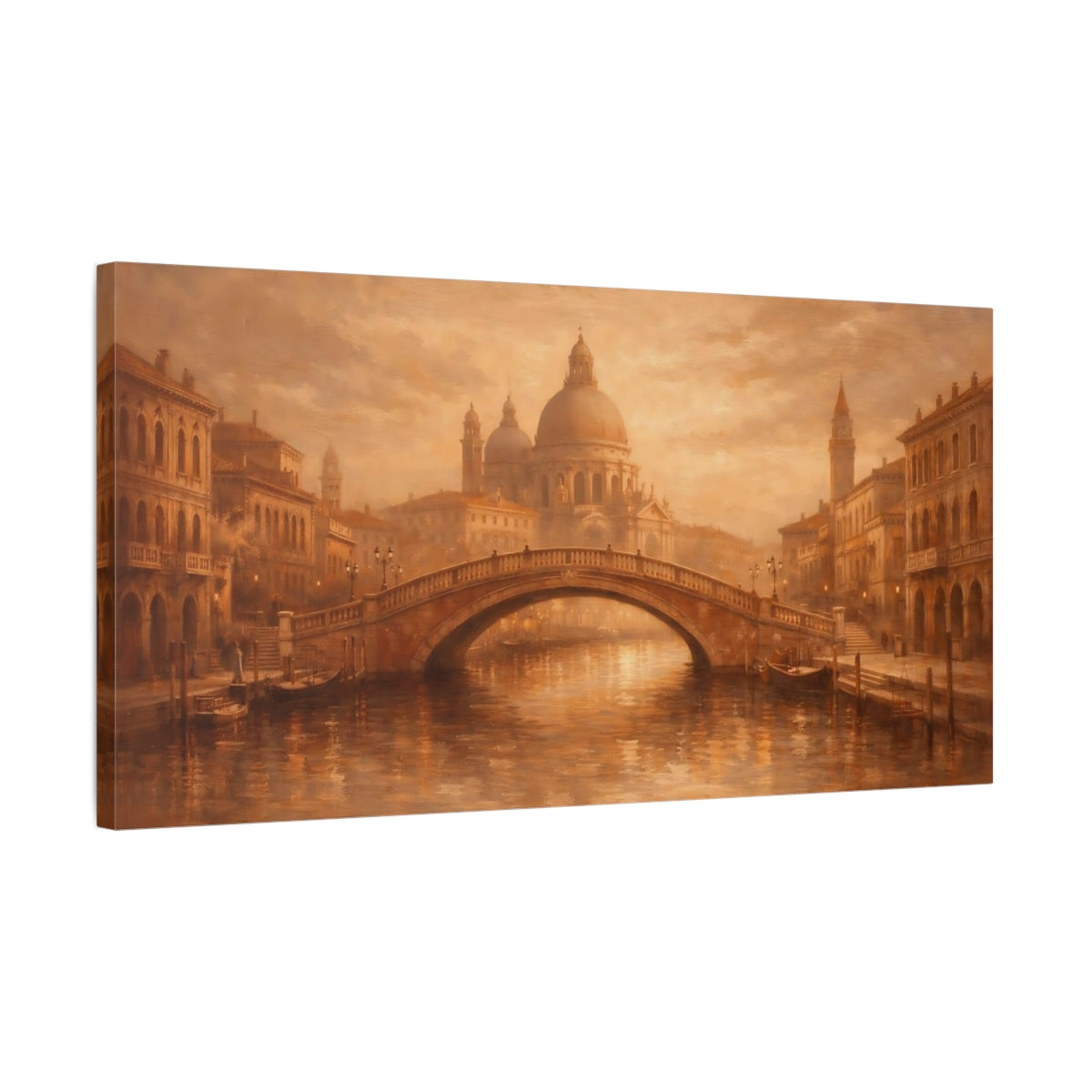 Side Mockup 2. Vintage Venetian Cityscape Brown And Gold shown as stretched canvas wall art