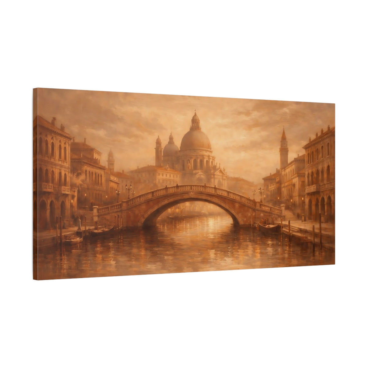 Side Mockup 1. Vintage Venetian Cityscape Brown And Gold shown as stretched canvas wall art