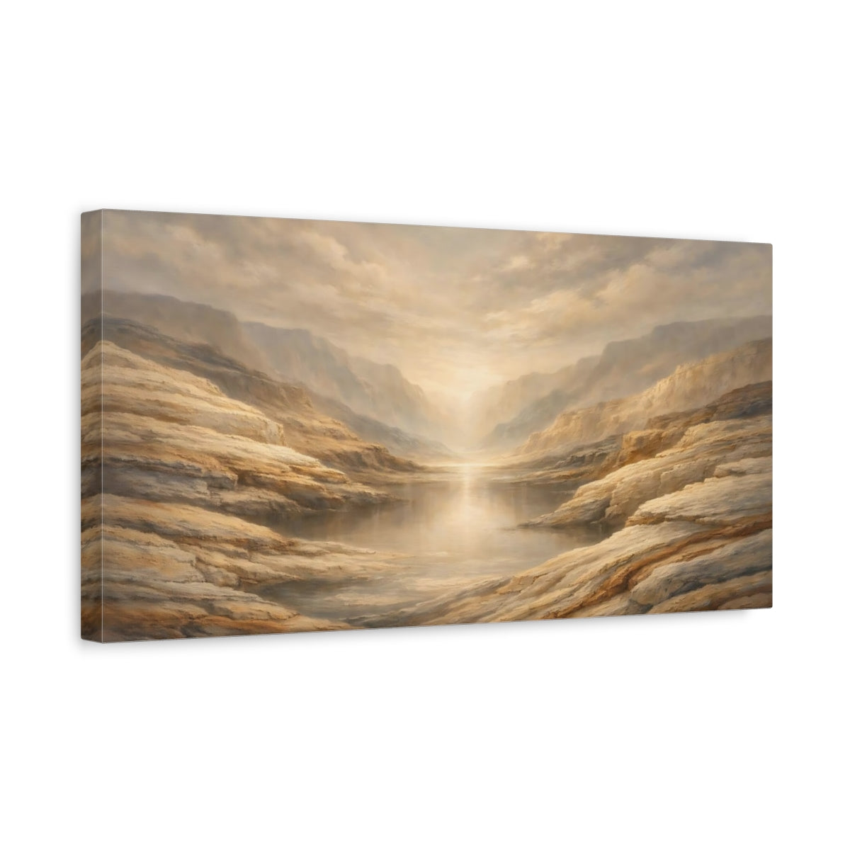 Side Mockup 3. Nature Canyon Lake Beige And Brown Landscape shown as stretched canvas wall art
