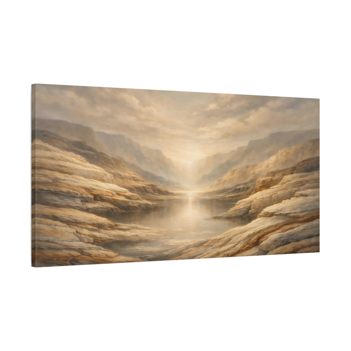 Side Mockup 1. Nature Canyon Lake Beige And Brown Landscape shown as stretched canvas wall art