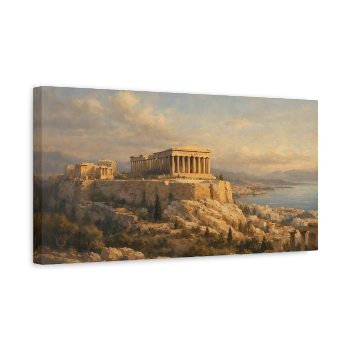 Side Mockup 3. Vintage Acropolis Golden Hour Landscape shown as stretched canvas wall art