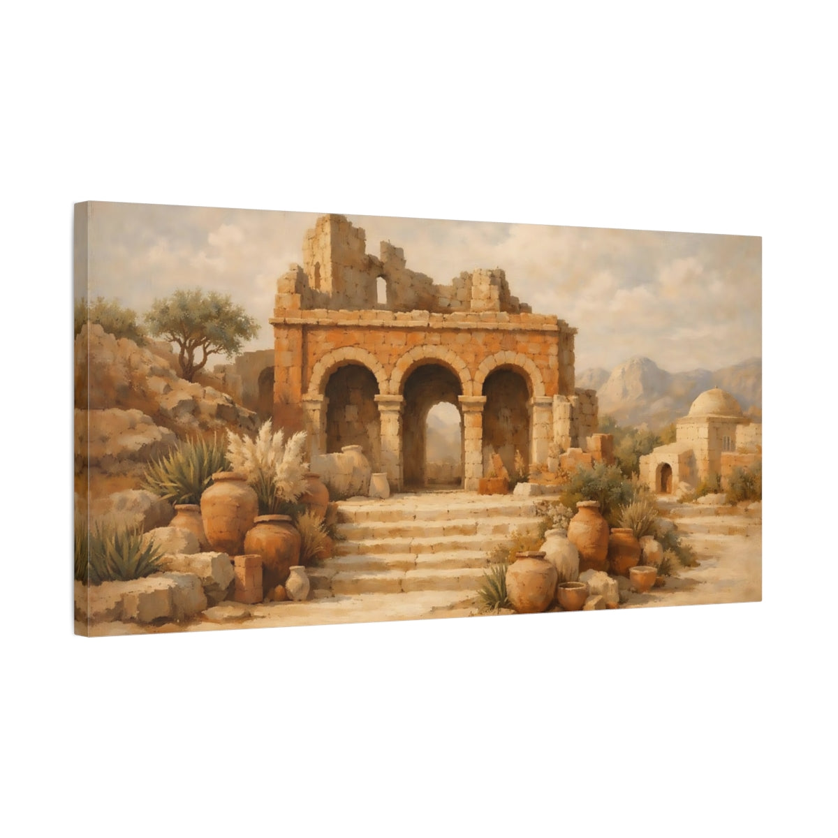 Side Mockup 2. Vintage Ancient Ruins Brown And Tan Ruins shown as stretched canvas wall art