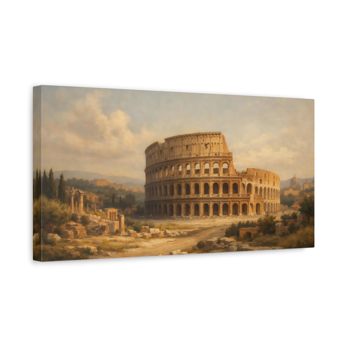 Side Mockup 3. Vintage Colosseum Colosseum Brown shown as stretched canvas wall art