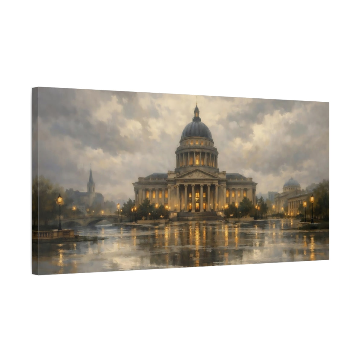 Side Mockup 2. Vintage Domed Building Gray And Gold shown as stretched canvas wall art